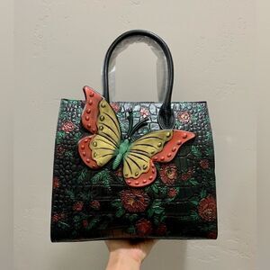 Hand Painted Genuine Leather Floral Embossed with 3D Butterfly Handbag